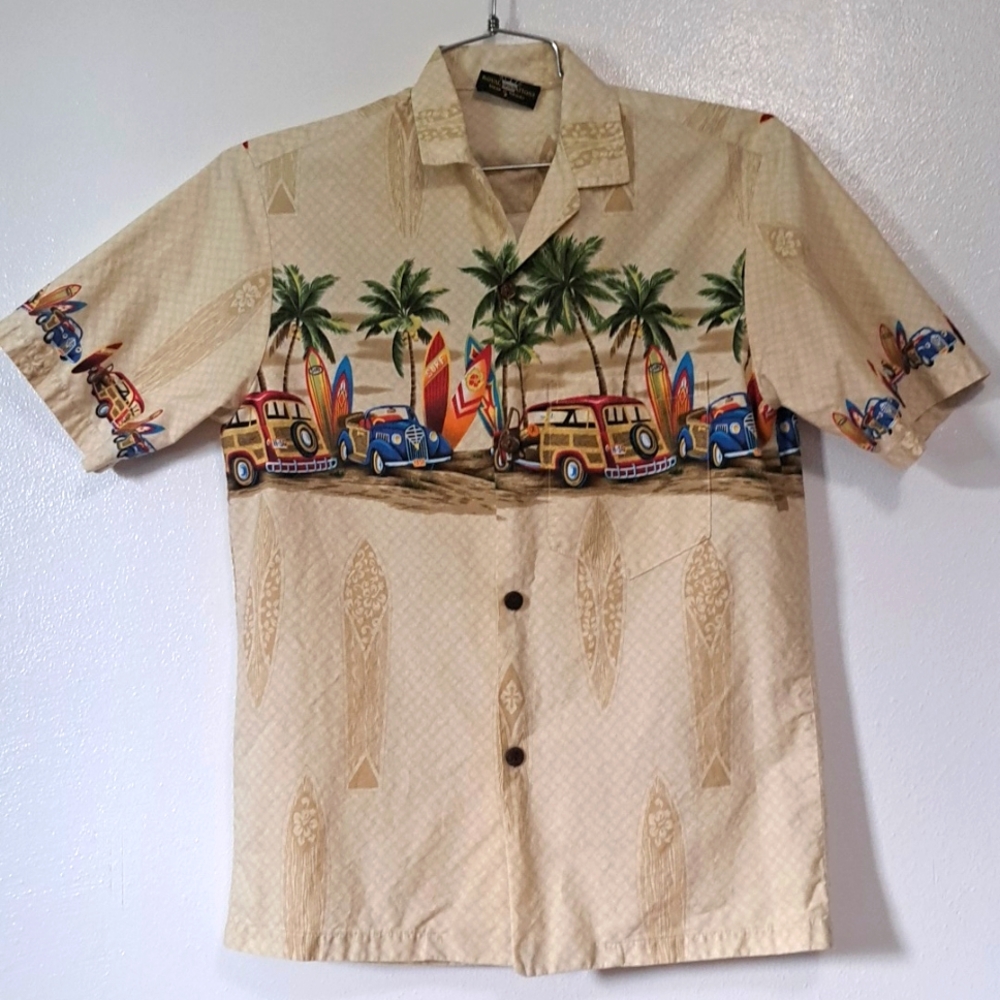 Hawaiian Woodie Wagon Beach Scene Shirt small button front
